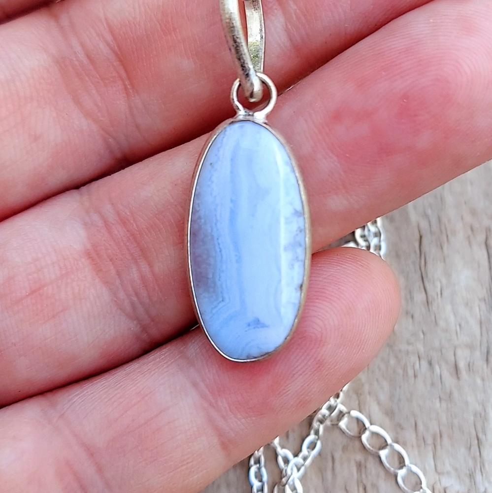 Blue Lace Agate Necklace with silver chain